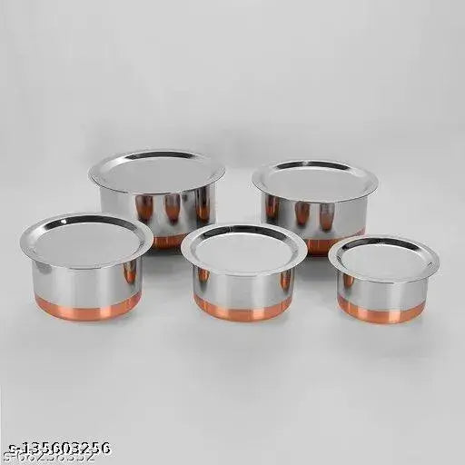 Supreme Stainless Steel Copper Bottom Handi Set of 5 Piece/Tope/Stainless Steel Utensils/Tapeli/Tapela/Tea Milk Pot Pan Size: 500ml,900ml,1300ml,1700ml,2100ml (Stainless Steel Tope with Lids)(Best Quality)