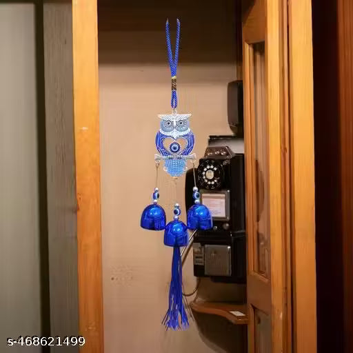 3 Bell Evil Eye Wind Chime with Owl Design - Unique Hanging Ornament for Home Decorative Showpiece - 25 cm (Metal, Blue)