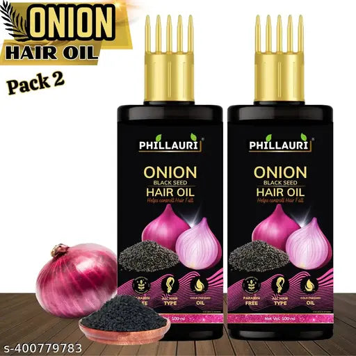 Phillauri Onion Black Seed Hair Oil Controls Hair Fall, NO Mineral Oil, Synthetic Fragrance (100ml) pack of 2 - Springkart 