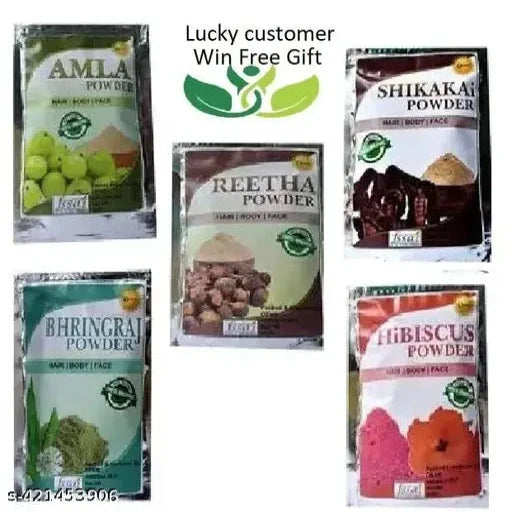 Natural Amla Reetha Shikakai Bringraj Hibiscus powder 50g each = 250g