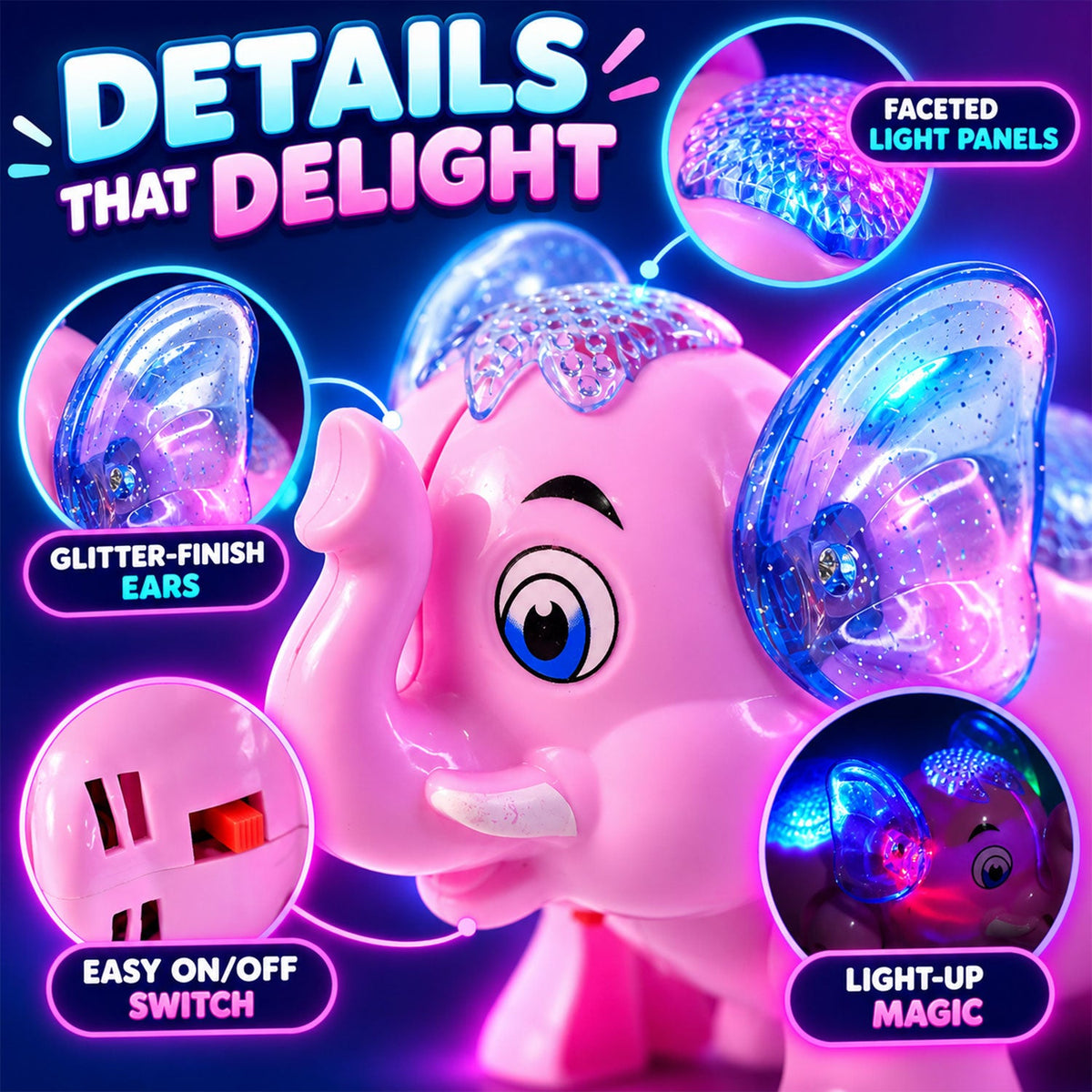 Musical Elephant Toy With Colourful Lights For Fun Indoor Playtime (1 Pc)