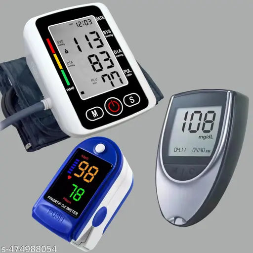 Fully Automatic BP Monitor with Talking Function Intellisense Technology Cuff Kit, Glucometer for testing of Blood sugar levels & Pulse Oximeter with Oxygen Saturation Monitor (Pack of 3)