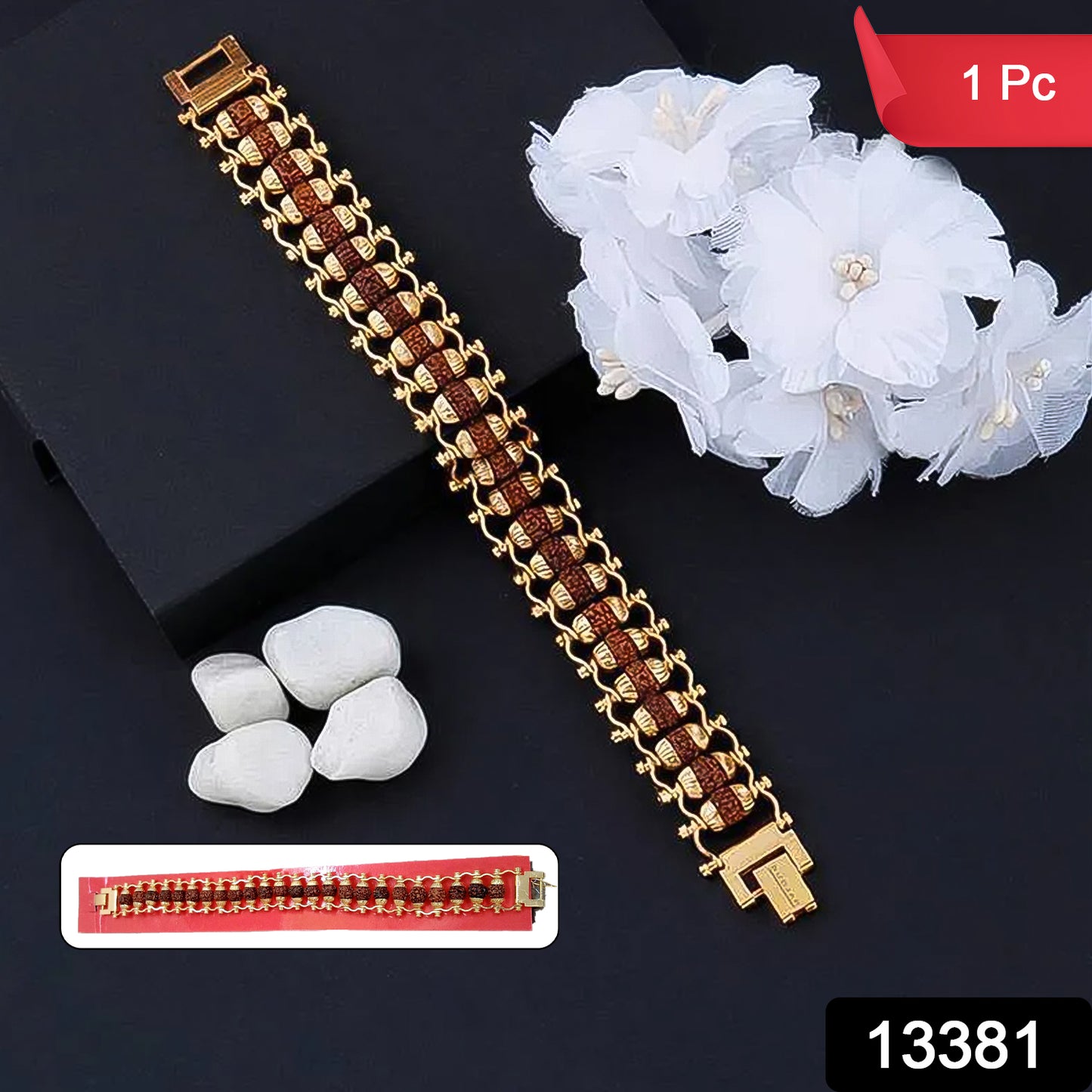 Rudraksha Rakhi For Brother Golden Modern Rudraksha Bracelet Rakhi (1 Pc) - Springkart 