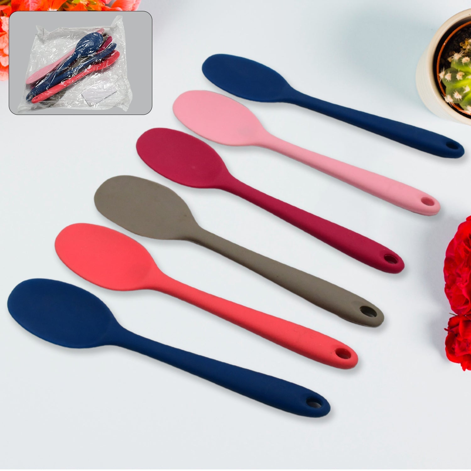 Multipurpose Silicone Spoon, Silicone Basting Spoon Non-Stick Kitchen Utensils Household Gadgets Heat-Resistant Non Stick Spoons Kitchen Cookware Items For Cooking and Baking (6 Pcs Set) - Springkart 