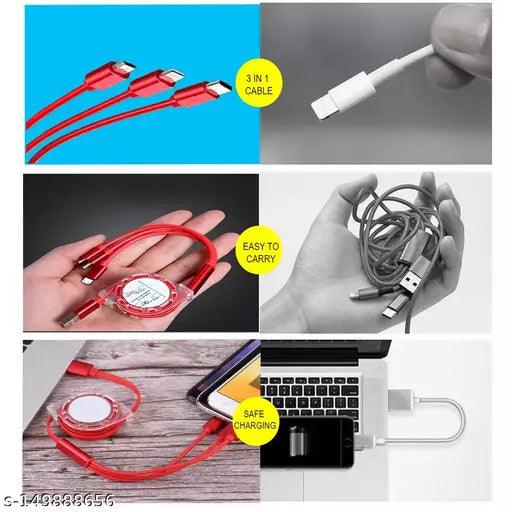 3-in-1 Mobile Data Cable + Carry Pouch Retractable USB Charging Cable Charger 1 meter Micro USB Cable - Springkart 