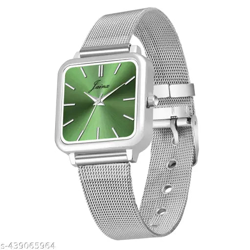Jainx Square Green Dial Steel Mesh Chain Analog Wrist Watch for Women - JW85603