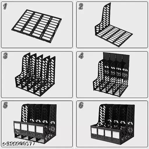 Desktop Magazine Holder Desk File Organizer 4 Compartments | Plastic Vertical File Dividers Book Holder & Cabinet Document Storage Rack (Black), Step Shelf