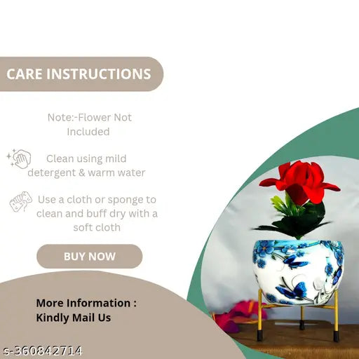 E-Seller Multicolour Metal Pot with Stand, Rust-Free Powder Coating, Indoor Outdoor Use, Home Office Decor, Plants Not Included, Pot Size: 10 * 13cm, Stand Height: 7.5cm