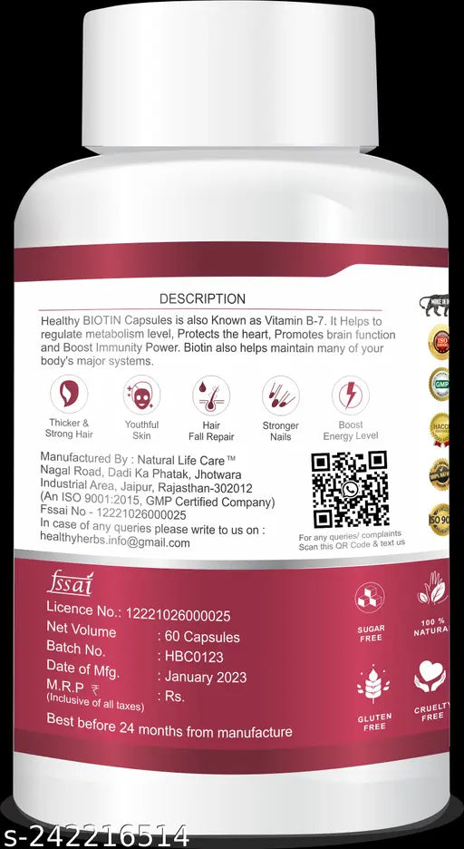 Healthy Herbs Biotin (Vitamin B7) Capsule 10000mcg | For Healthy Hair Growth,60 Capsules - Springkart 