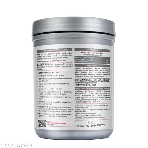 MuscleBlaze Micronised Creatine Monohydrate CreAMP™ (Sunset Mango, 80 Servings, 320g) | Trustified Certified Creatine with Gym Steel Shaker