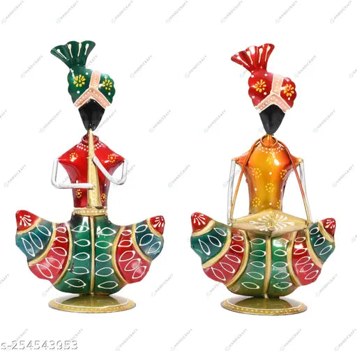 Iron Handpainted Rajasthani Musician Showpiece Set for Home Decor – 9 Inch (Set of 2)