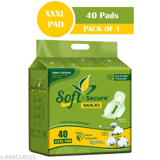 Soft & Secure New Cottony Maxi Care Sanitary Pads | Leak Lock Gel Technology, 320mm Length, Rash-Free Cotton Wings, upto 24 hours protection,quick absorb in 3 seconds,dry net cover,capture and lock dodor,with gentle fragrance green maxi xxxl - 1 pack