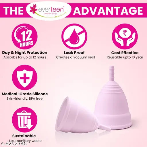 everteen Large Menstrual Cup for Periods | Odor-Free, Rash-Free, No Leakage | 12-Hour Protection | Reusable For Up To 10 Years | Medical-Grade Silicone | Free Pouch | Sanitary Cup for Feminine Hygiene - 1 Pack - Springkart 