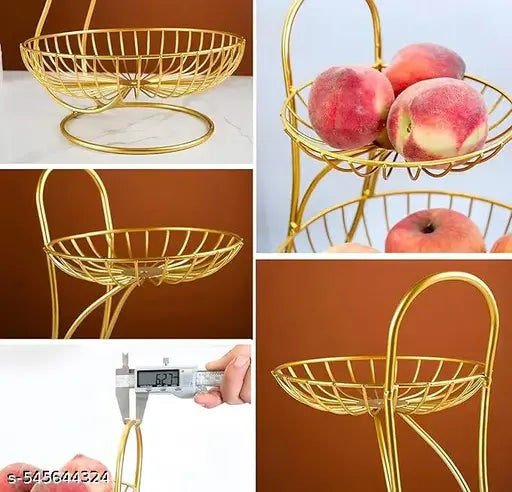 2 Tier Fruit and Vegetable Basket for Kitchen, Dining Table, Counter Top Big Size Fruit Bowl Organizer for and Stand Holder Table Countertop Rack [Gold)