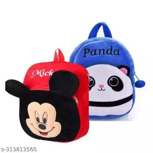 SCHOOL BAG for Kids Soft Plush Backpack BLUE PANDA AND RED MICKEY or Small Kids Nursery Bag Kids Gift (Age 2 to 6 Years) (Nursery/Play School) Plush Bag - Springkart 