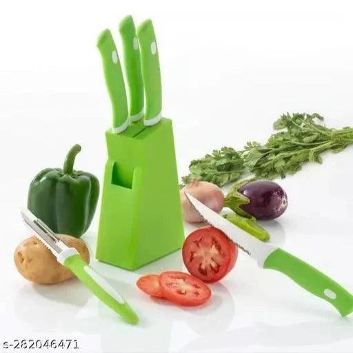 Kitchen Knife Set with Holder Stand 5-Pieces Knife + 1 Stand (Plastic) + 4 Knife + 1 Peeler and Spatula & Oil Brush