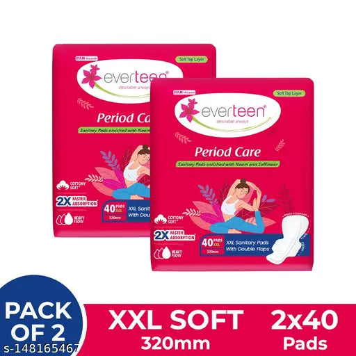 everteen Period Care XXL Soft 40 Sanitary Pads 320mm with Double Flaps enriched with Neem and Safflower - 2 Packs (40 Pads Each) - Springkart 