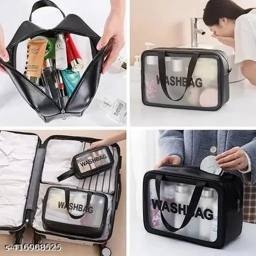 Premium Trio Stylish & Waterproof Makeup Pouch Set - 3 pcs Washbag Combo, Ideal Travel Organizer for Women. Versatile Toiletry Storage Bags, Perfect for Bath Accessories & Grooming Kit (Black)