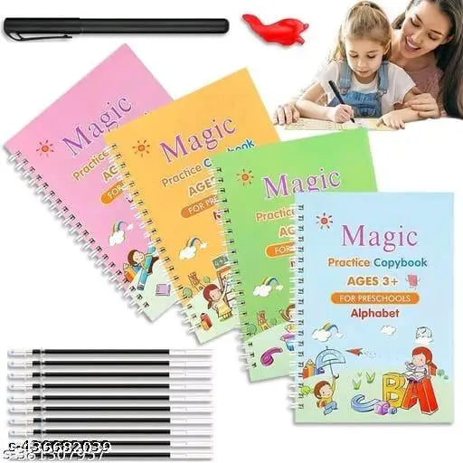 2 Sank Magic Reusable Practice Copybook (8 BOOK + 20 REFILL+ 2 Pen +2 Grip) Number Tracing Book for Preschoolers with Pen Magic BC (2 Qty Magic Book) - Springkart 
