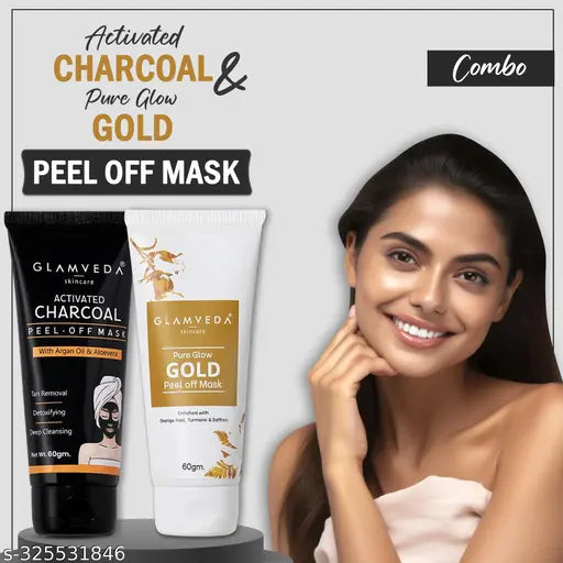 Glamveda Pure Glow Gold & Activated Charcoal Peel Off Mask ( Pack Of 2) | Face Pack Blackhead & Whitehead ,de tan & Dark Spots Removal | All Skin Types , Paraben Free 120 gm