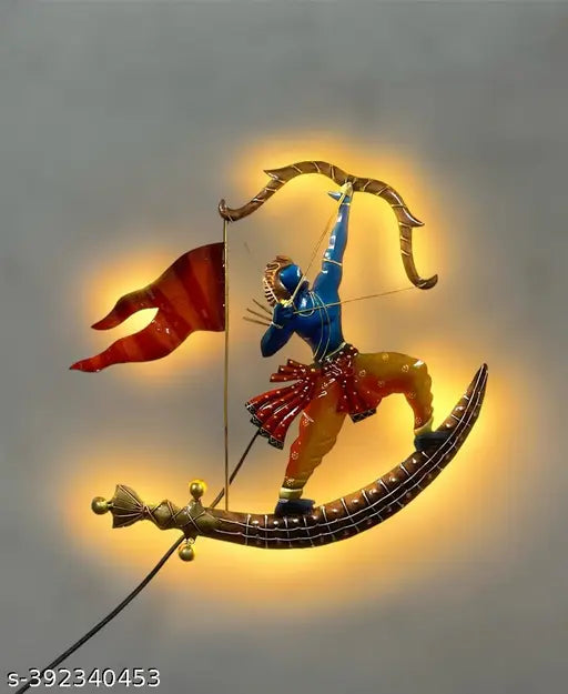 METAL SHREE RAM ON SWORD LED WALL DECOR ANTIQUE SCULPTURE