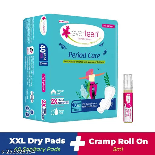 Everteen combo 40 XXL Dry Neem Safflower Sanitary Pads with Free Menstrual Period Pain Relief Cramps Roll-On (5ml) - Springkart 