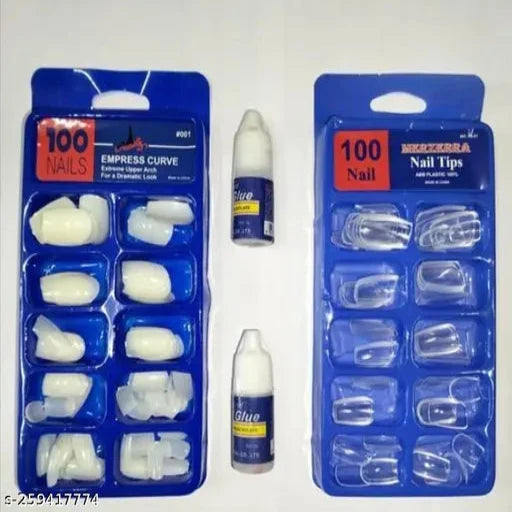 100 pcs White Nails, 100 pcs Transparent Nails and 2 pcs Glue Combo