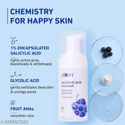 Plum 1% Encapsulated Salicylic Acid Foaming Face Wash with Glycolic Acid, Fruit AHA's & Blueberry Extracts | Fights Acne, Blackheads & Breakouts | For Men & Women | Sulphate-Free | 100% Vegan | 110 ml