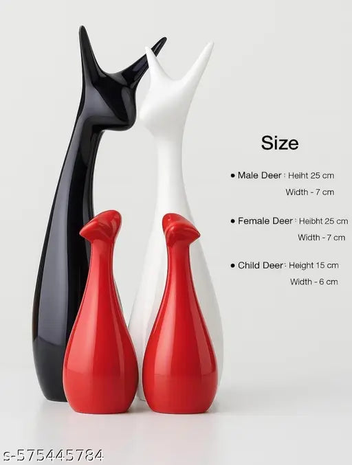 Lucky Deer Family Set | Family of Four Statues Matte Finish Ceramic Sculptures | Home Decoration | Figurine Accessories | Art Gifts | Crafts Pack of 4 (Black, Red& White