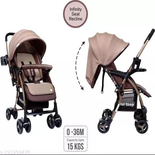 1st Step Caramel Baby Pram Cum Stroller with 5 Point Safety Harness/Infinitely Reclining and Cushioned Seat/Reversible Handle/Front Swivel Wheels - Springkart 