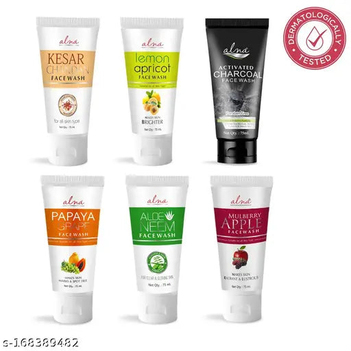ALNA Mulberry Apple Face Wash + Papaya Grape Face Wash + Lemon Apricot Face Wash + Kesar Chandan Face Wash + Activated Charcoal Face Wash + Aloe Neem Face Wash | 75 ML Each | | Skin Care Combo | Combo Pack of 6