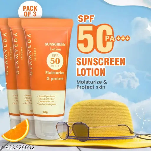 Glamveda  Set Of 3 Sunscreen Fairness & Brightening  Lotion SPF 50 PA+++  UVA/UVB Protection for Glowing Skin, All Skin types 60 ml Each
