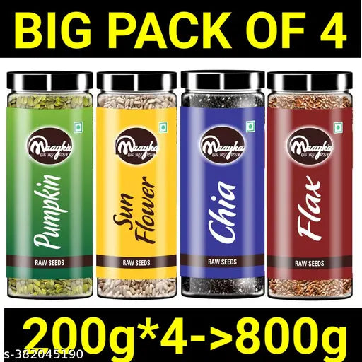 Maayka Premium |  Pumpkin Seeds (200 Gram) , Raw Chia seeds (200 Gram), Flax Seeds (200 Gram) , Sunflower seeds(200 Gram)combo for Weight Loss, Strong Bones, Hair growth and other Health Benefits with Omega 3, Fiber, Calcium, Magnesium and Zinc- Combo(tot