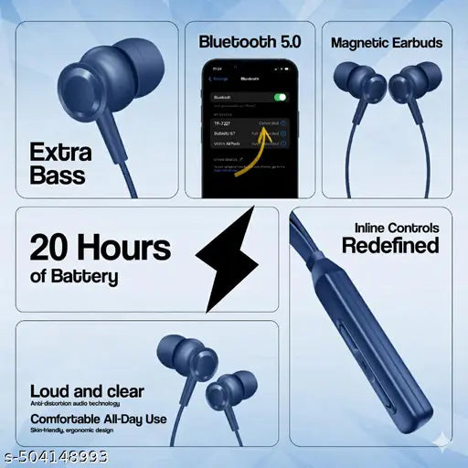 TP Troops Wireless in-Ear Neckband Bluetooth Earphones with 10mm Drivers, Rich Music Experience, Above 20 Hours Playtime, Type C Fast Charging, Neckband Earphones with Voice Assistant-Blue