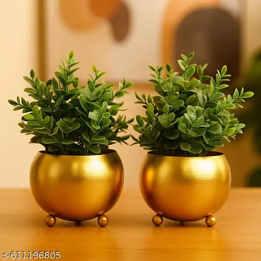 (Plants Not Included) - Set of 2 Round Gold Metal Vases Showpiece | Decorative Tabletop Pots for Home, Office & Gifting
