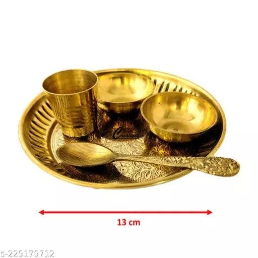 Brass Bhog Pooja Carving thali Set for Daily use Home Temple décor Gold Size @13cm