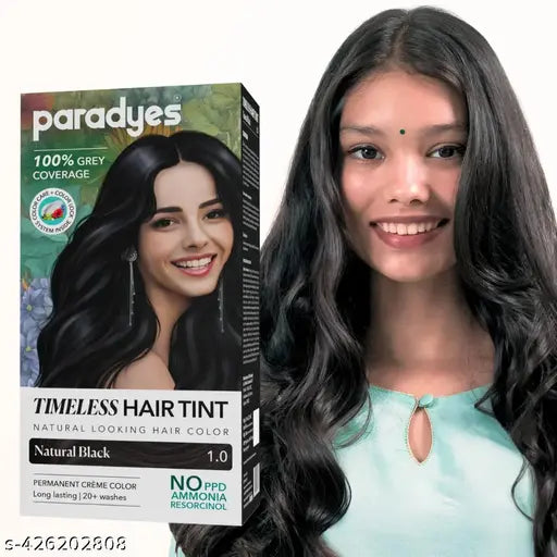Paradyes Natural Black Timeless Hair Tint, Permanent Crème Hair Colour for Natural-Looking Results, Complete Grey Coverage, Long-Lasting Formula Free from PPD, Ammonia, & Resorcinol, 1.0 Natural Black