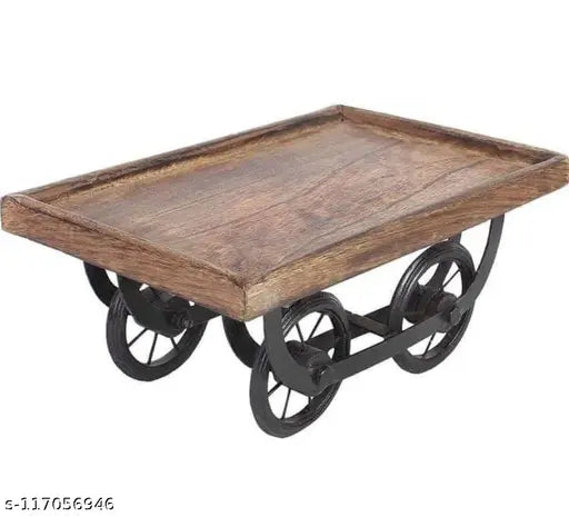 Primium Quality Wood Cart Snack Serving Platter for Dining Table Redi Shape Serving Tray. Colour:- Base-Black Powder Coating & Top Brown. Dimension:- (22x15x10) cm