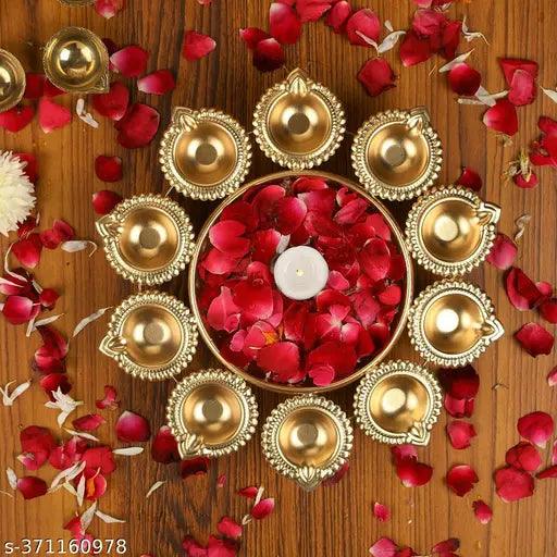 Diya Shape Flower Decorative Urli Bowl for Home Decoration Items, Metal, Gold