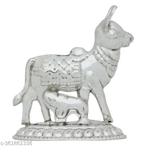 German silver - Puja thali, 6" Plate, Small kalash, Kamdhenu Cow