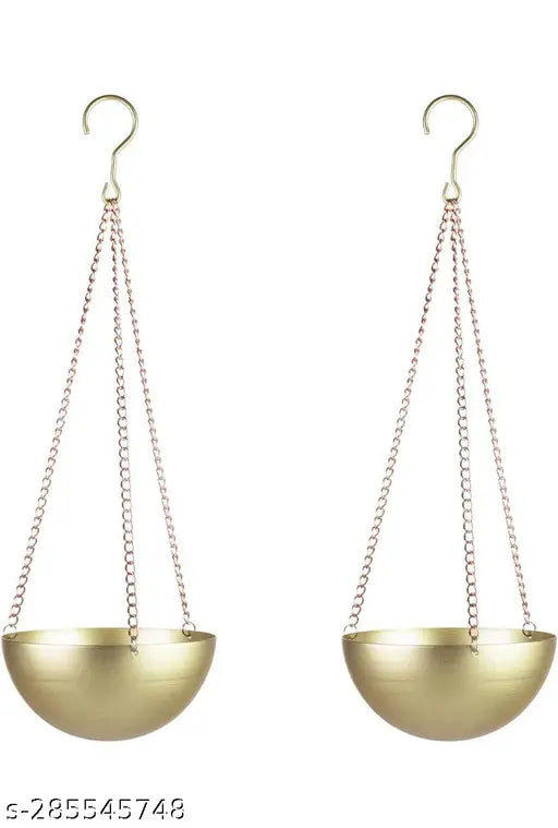 Metal Valencia Hanging Gold Small Planter Pot | Hanging Pots Round Planter Solid Look for Home & Balcony Garden (set of 2 Piece, Golden)