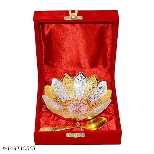 BRANDSOM GOLD PLATED FLORAL SHAPE BOWL SET Festive Bowl & Spoons Diwali GIFT !!!