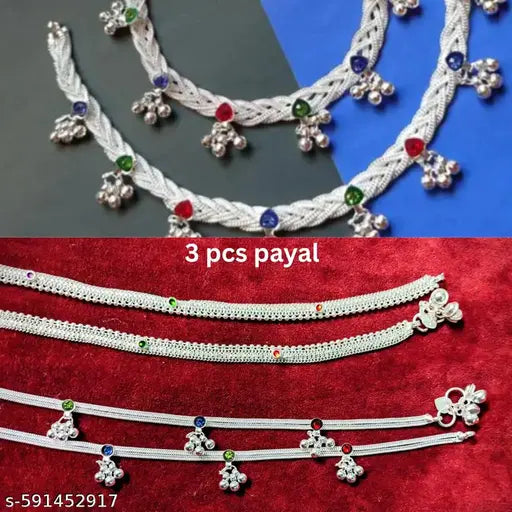 Women 3 pcs payal combo best multicolour ghungroo payal anklets 3 pcs