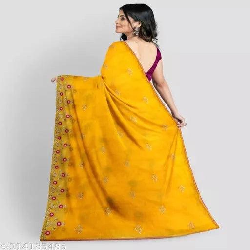 Yellow Pink Syclon Silk Net Zari EMBROIDERY SAREES - Springkart 