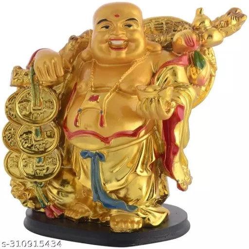 Polyresin Laughing Buddha 3 inch Standing with Stick and Coins Showpiece (Gold) - Springkart 