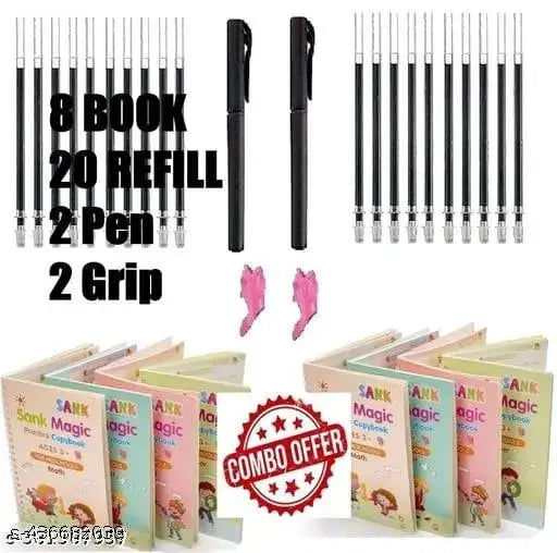 2 Sank Magic Reusable Practice Copybook (8 BOOK + 20 REFILL+ 2 Pen +2 Grip) Number Tracing Book for Preschoolers with Pen Magic BC (2 Qty Magic Book) - Springkart 
