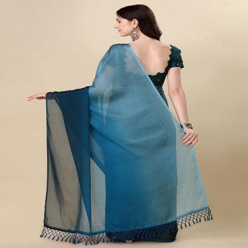 Fancy Embellished Teal Blue Coloured Silk Saree with Blouse Piece - Springkart 