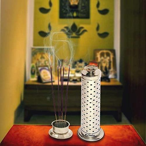 Metal Agarbatti Stand With Dhoop Holder (Silver)(Cylindrical) - Springkart 