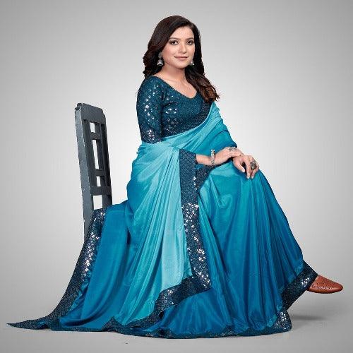 Fancy Embellished Light Blue Coloured Silk Saree with Blouse Piece - Springkart 