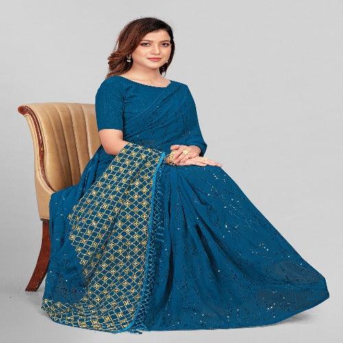 Fancy Sequined Embroidered Teal Blue Coloured Georgette Saree with Blouse Piece - Springkart 